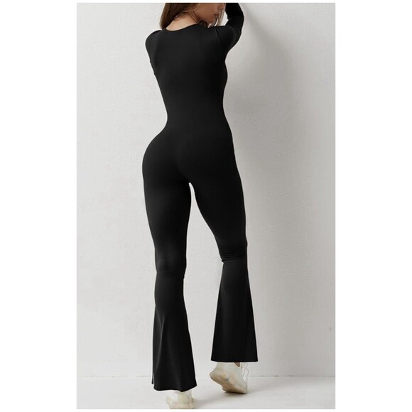 Ladies Qinsen Black Square Neck LS Wide Leg Bodycon Romper Jump Suit Size S - Picture 2 of 7